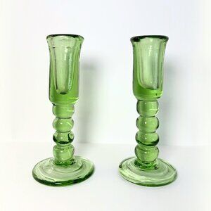 Vintage Jamestown Glass Pair of Hand Made Green Glass Candlesticks